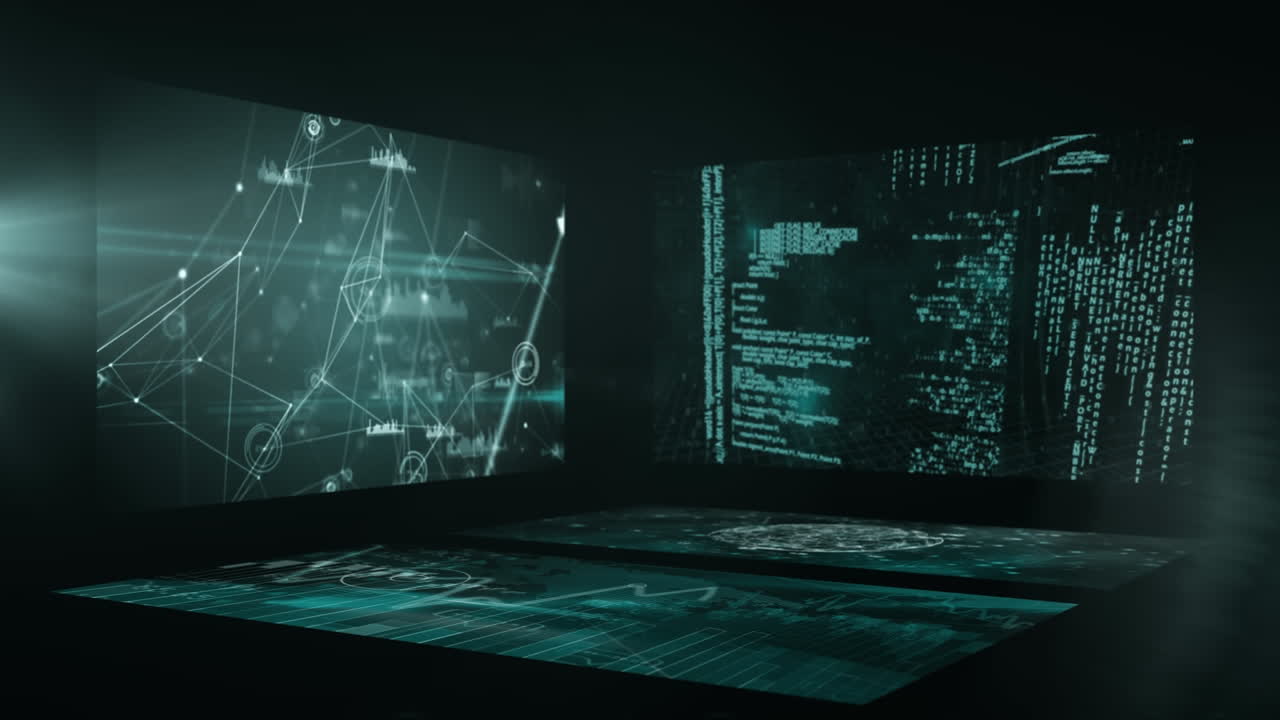 Animation of screens with network connections with digital data processing and globe spinning