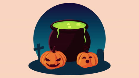 happy halloween animation with cauldron and pumpkin