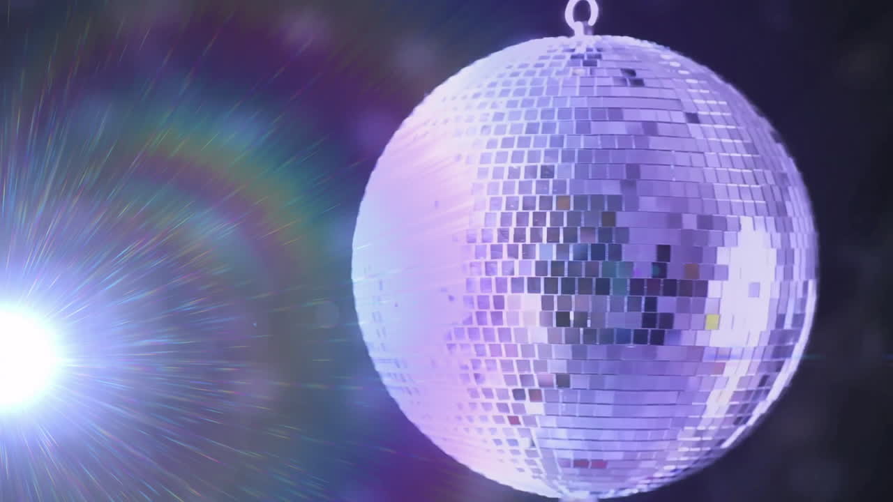 Rotating disco ball reflecting colorful lights, creating vibrant animation effects
