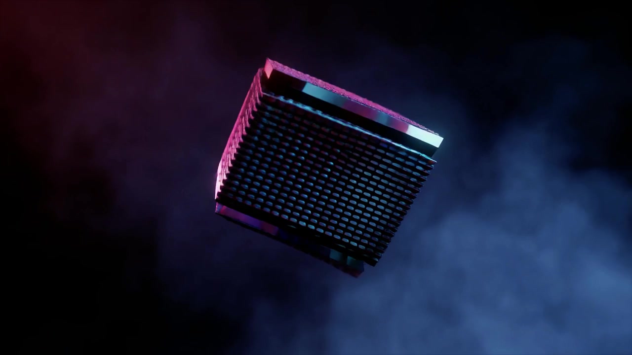Cubo geometrico astratto rotante con superficie LED luminosa nel fumo