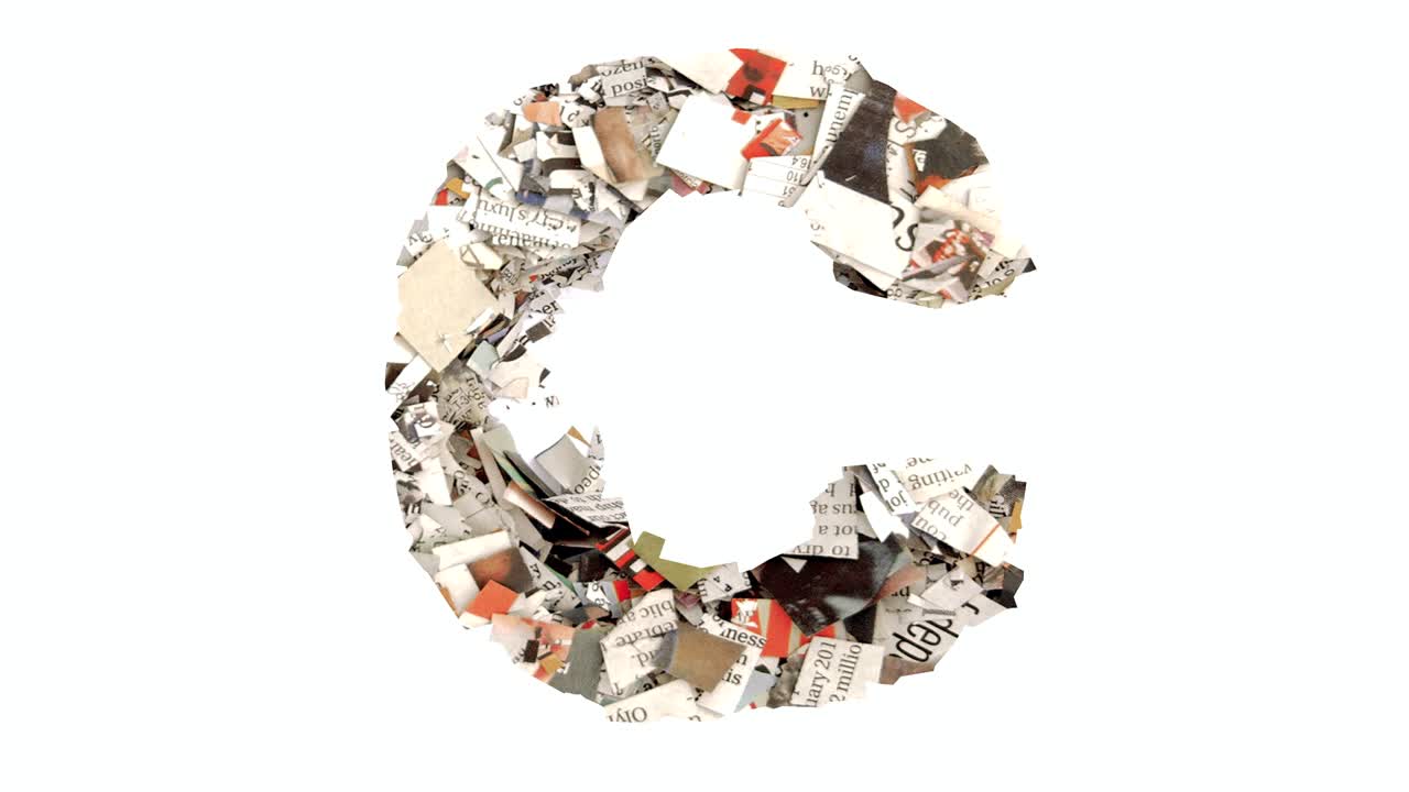 The letter C with newspaper cuttings isolated on white stop motion loop