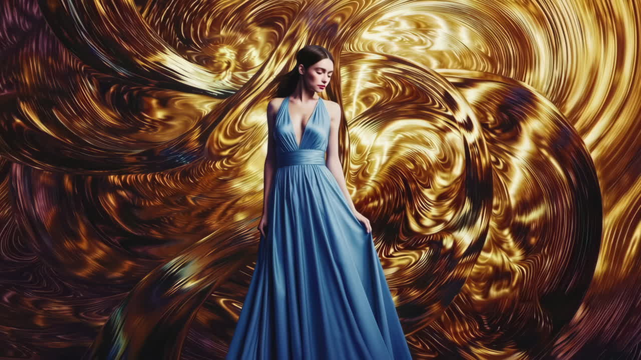 Woman in an Elegant Blue Dress Against a Swirling Gold and Purple Abstract Background
