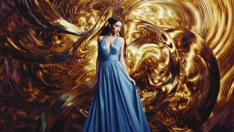 woman in an elegant blue dress against a swirling gold and purple abstract background