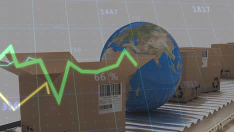 animation der statistischen verarbeitung über kartonkisten und globus auf förderband