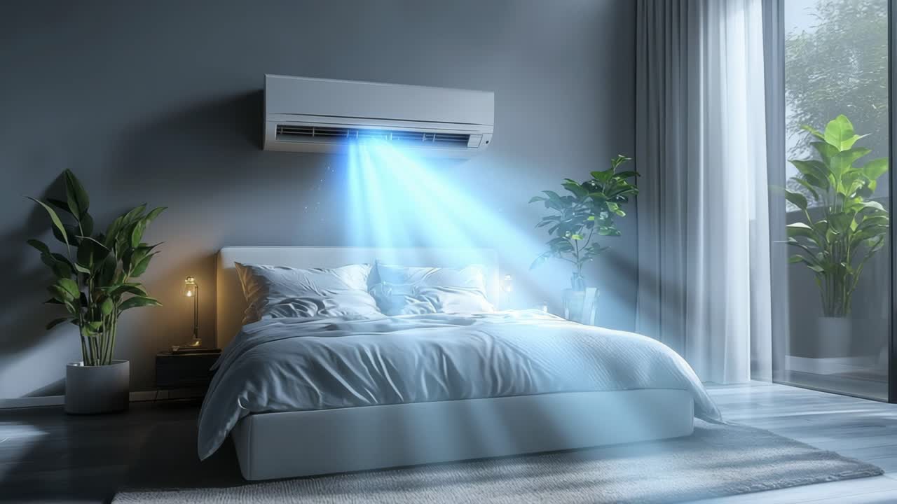 Bright and airy bedroom with modern ac. Light streams into a stylish bedroom featuring plants, a bed with soft linens, and a sleek air conditioning unit.