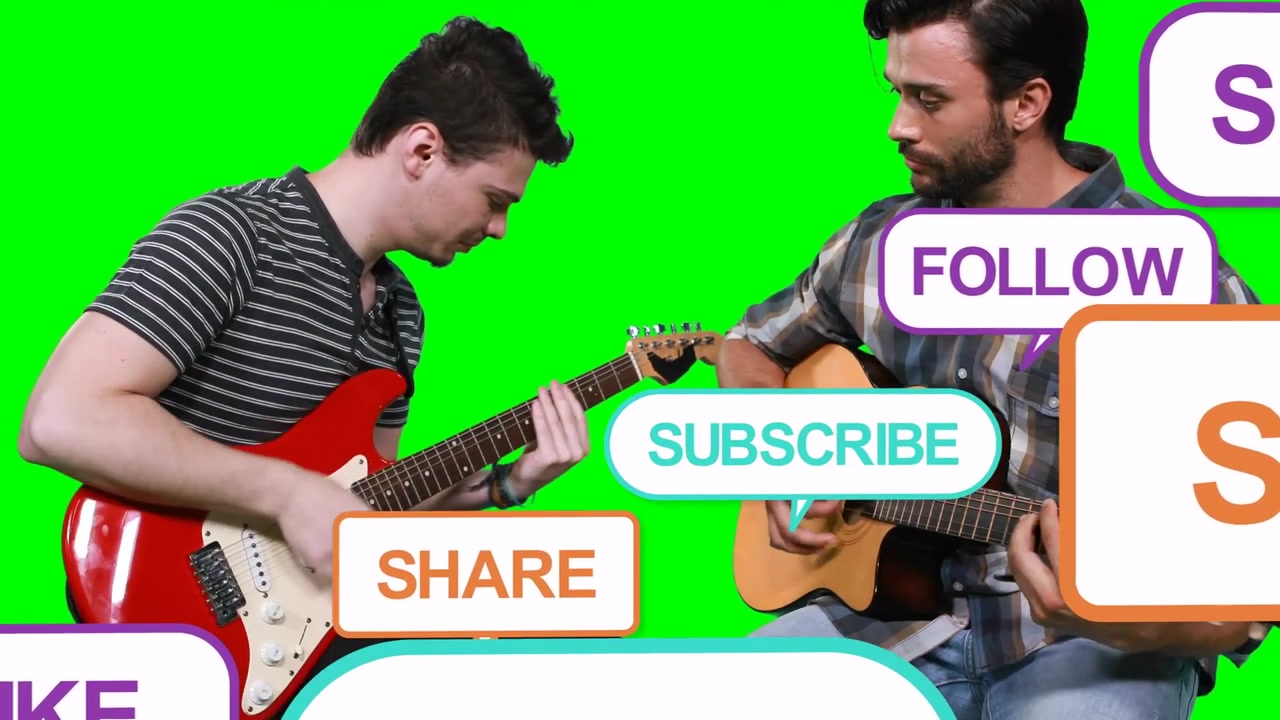Dupla de guitarra tocando, balão 'ENVIAR' aparecendo, enviando CTAs sociais sobre tela verde, impulsionando a promoção musical.