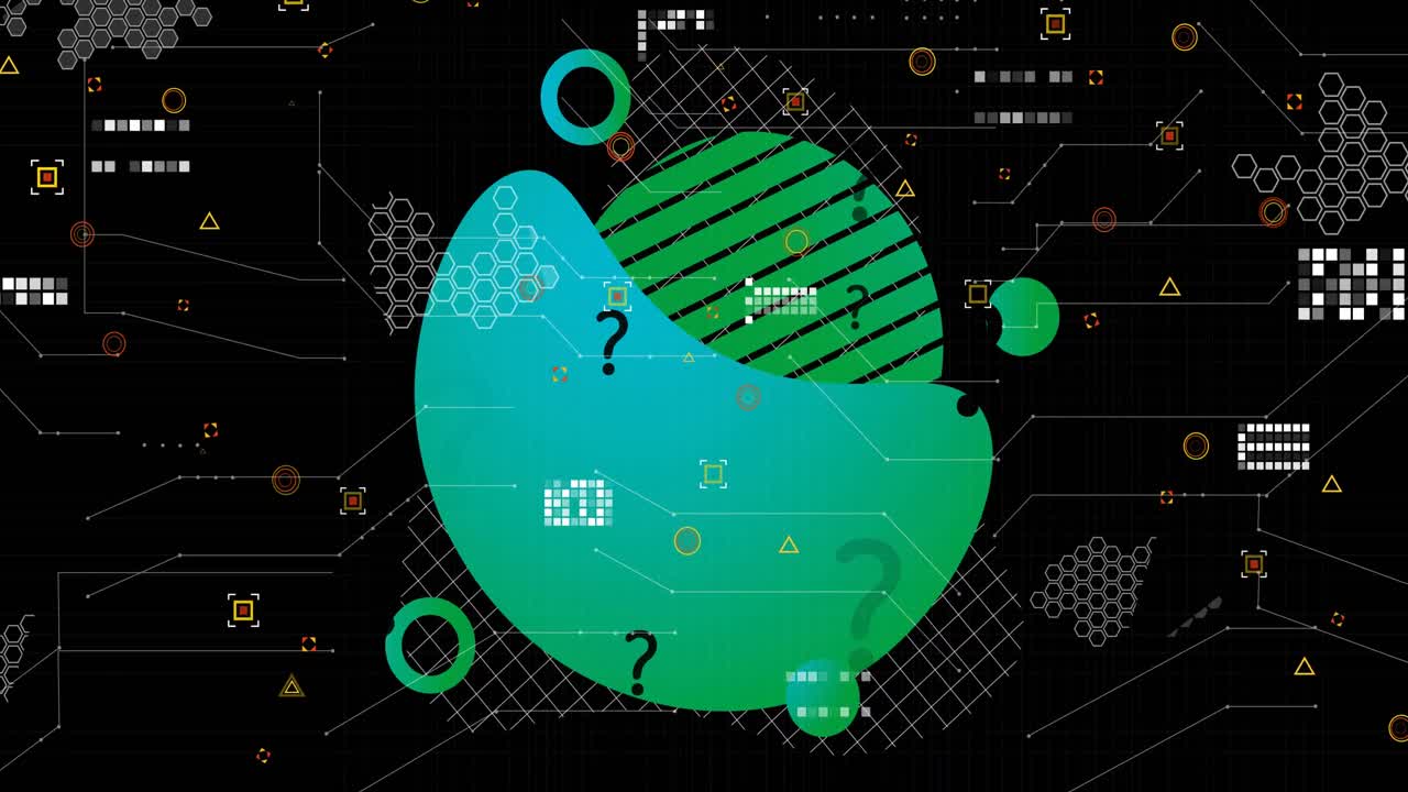 Animation of shapes with question marks over data processing on black background