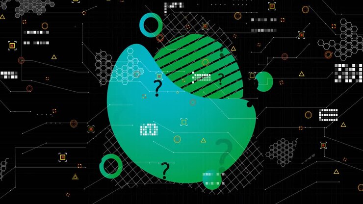 Animation of shapes with question marks over data processing on black background
