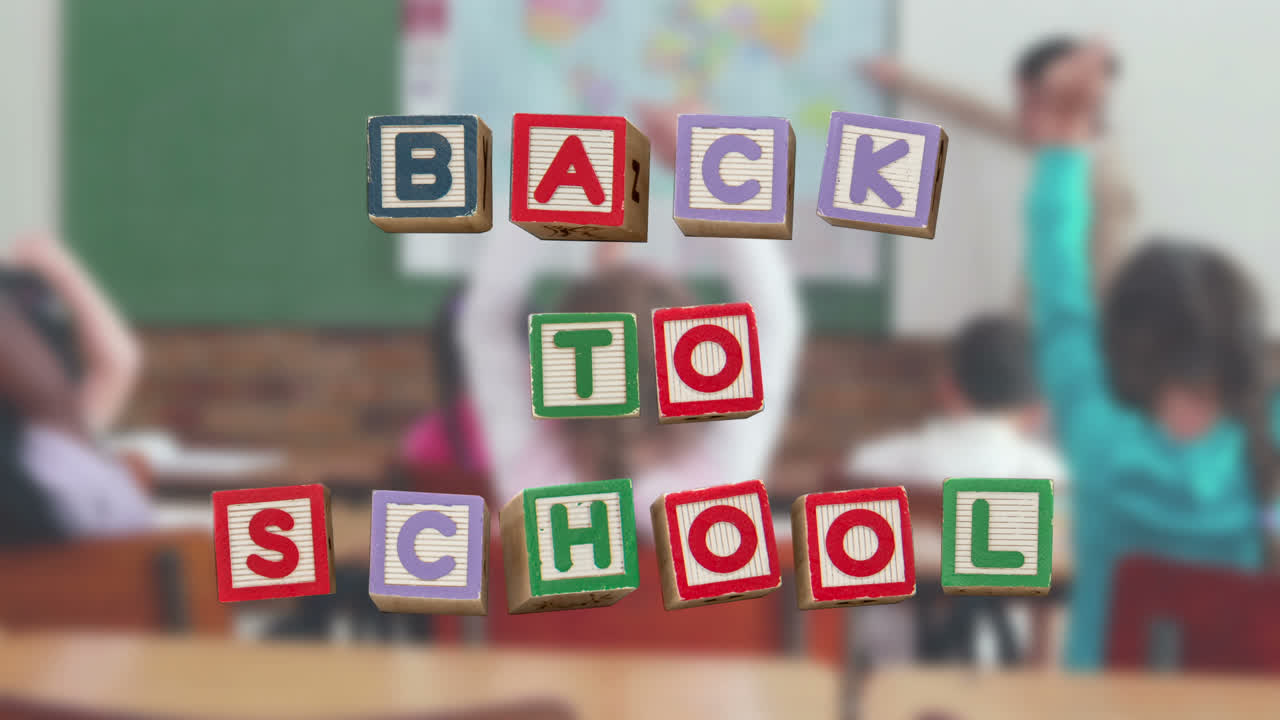 Back to school message surrounded by icons with teacher teaching childrens