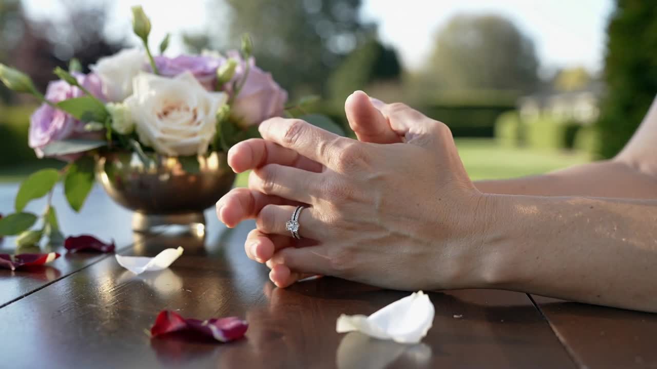 After resting, woman's bare forearms clasping, showing engagement ring on garden table amid petals