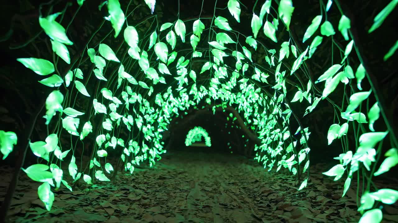 Enchanting illuminated tunnel with vibrant green leaves creates a magical atmosphere, inviting viewers to explore the serene path ahead in a captivating scene