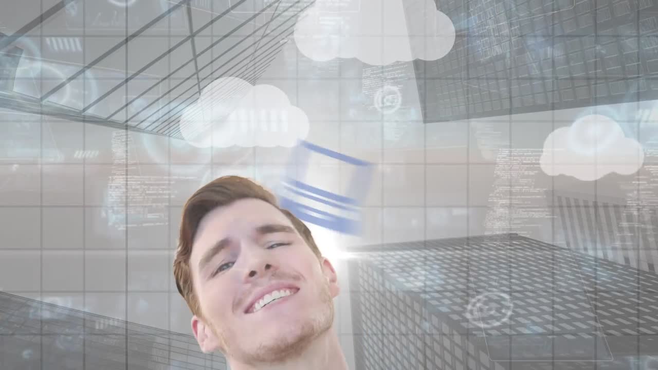 클라우드 아이콘과 도시 풍경 위에 코카시안 사업가의 애니메이션