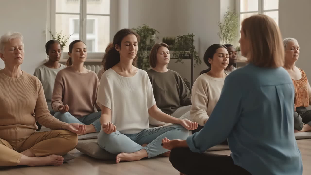 요가 수업 에서 명상 하는 사람 들 의 집단