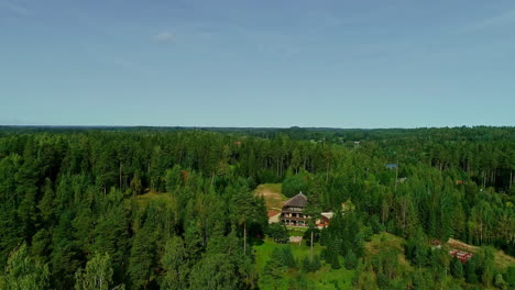 drone lifting tilt shot of holiday houses between a green forest in latvia