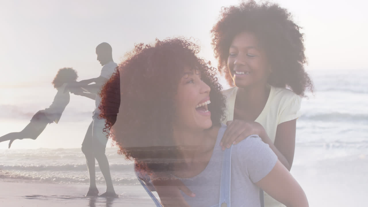 Composite of happy african american mother and daughter, and father and daughter playing on beach