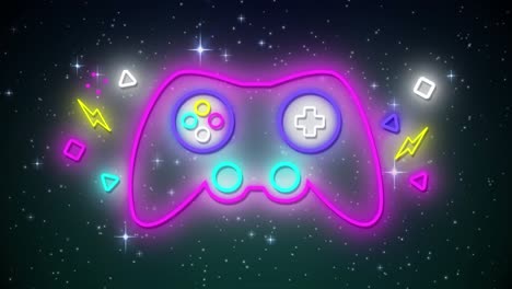 animación del gamepad de neón sobre nieve y estrellas sobre fondo negro