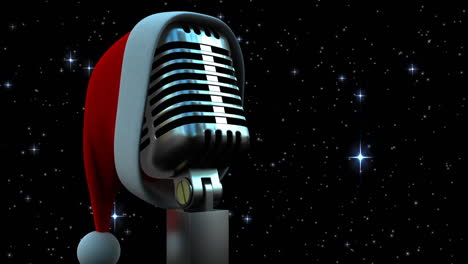 animación de estrellas cayendo sobre el micrófono con sombrero de navidad en un fondo oscuro