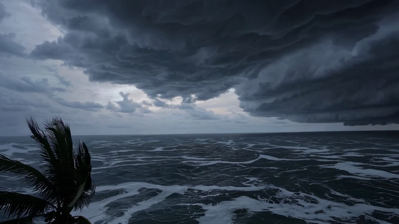 Dramatic video scene of a stormy ocean with swirling clouds, captured from a low angle