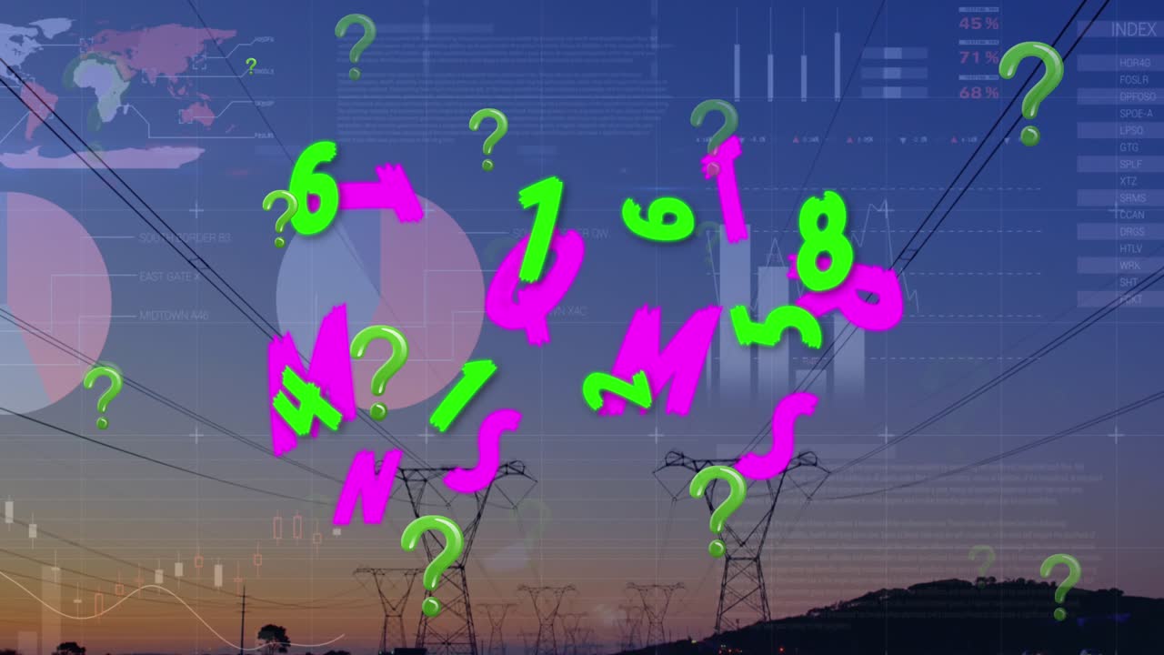 Animação de processamento de dados sobre letras e pilares.