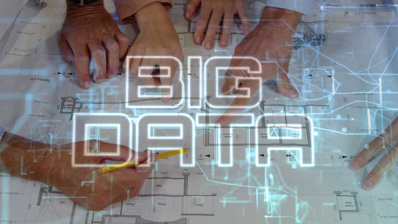 Design team leaning over plans pointing marking with yellow pencil initiating blue BIG DATA overlay