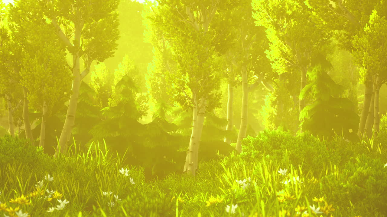Golden sunlight bathes a lush forest as flowers bloom vibrantly in spring