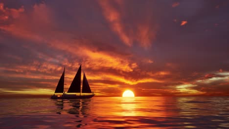 a cinematic scene of small sailing yacht boat sailing along the golden calm waters on lake, river, sea or ocean. beautiful sunset or sunrise, relaxation, calmness, sailing, sailors. luxury living