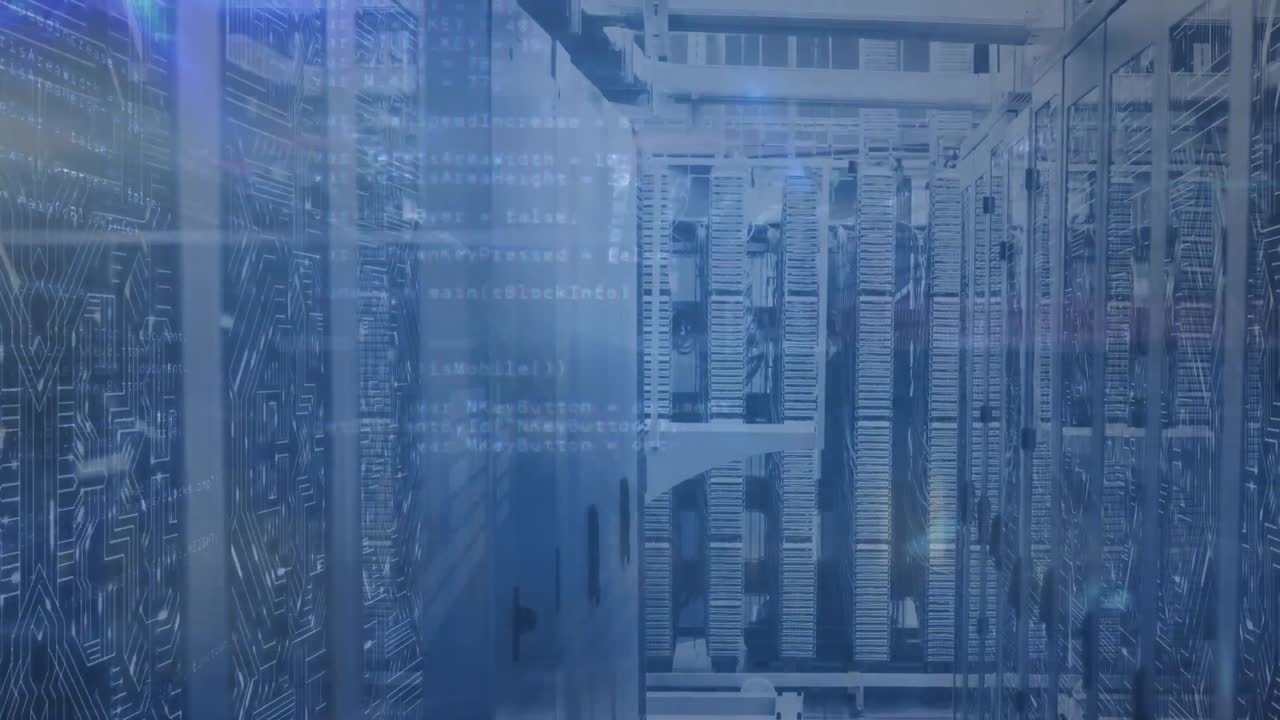 Animation of blue light trails and data processing against empty computer server room