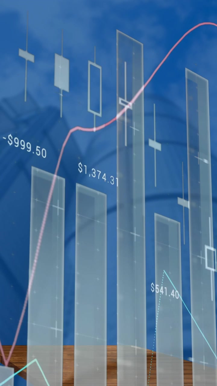 Animation of statistical data processing against low angle view of tall buildings