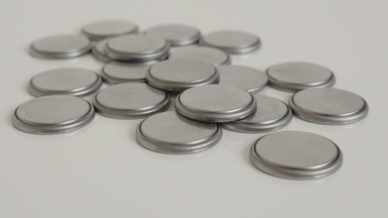 Button battery pile close-up 4K tilting footage