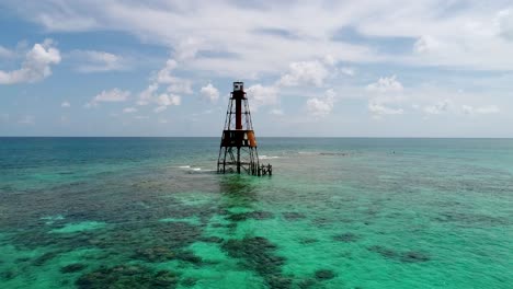 a 4k drone shot of an abandoned lighthouse, in a remote area of the caribbean sea, near bimini, bahamas