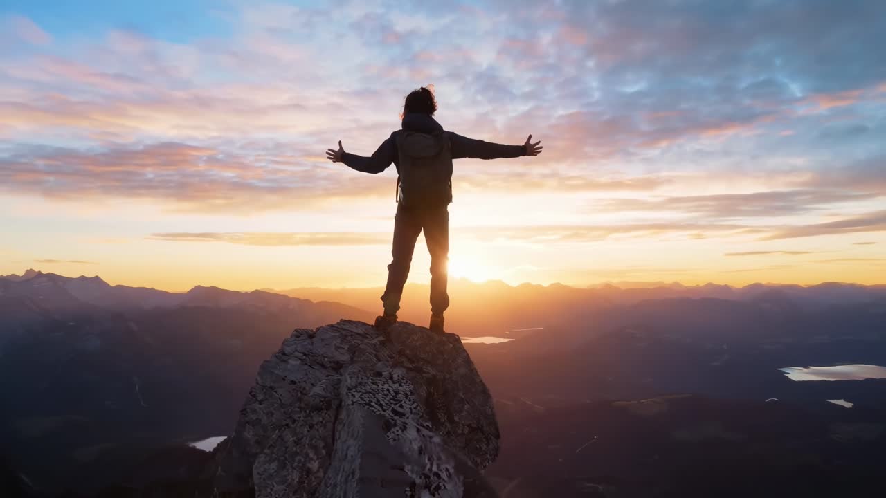 Un video immortala un escursionista in silhouette sullo sfondo di un'alba dalla cima di una montagna, ripreso da un'angolazione bassa.