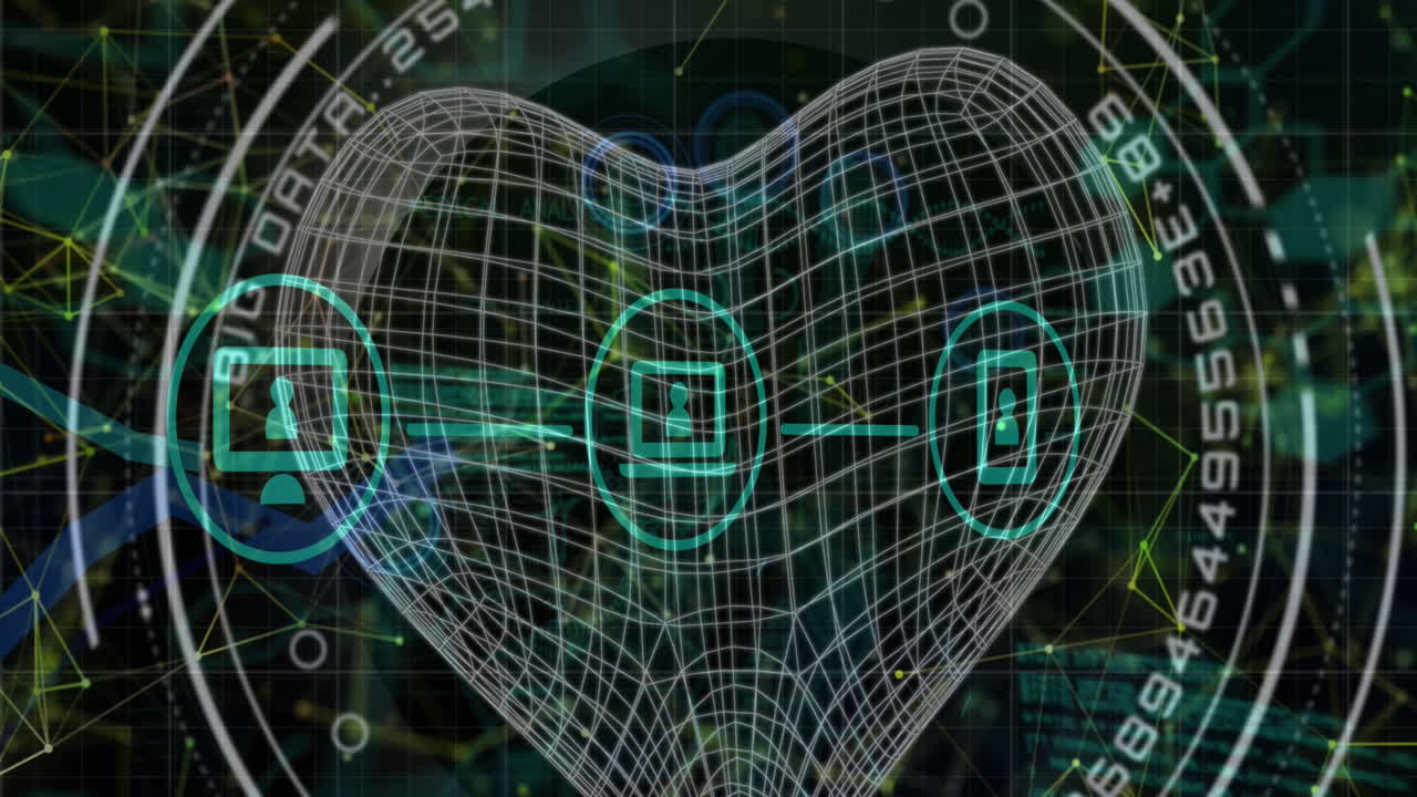 animación de iconos digitales con big data, conexiones en forma de corazón y procesamiento de datos