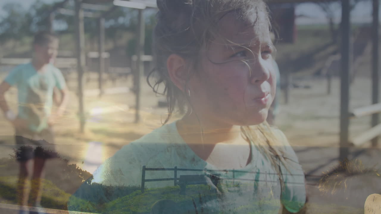 Creating dreamy animation, child outdoors with landscape overlay in school setting