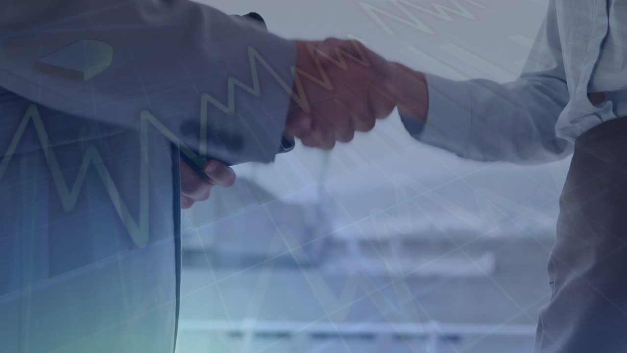 Elaborazione dati statistici su sfondo di un uomo e una donna d'affari che si stringono la mano