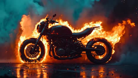 a motorcycle is engulfed by flames on a dark background