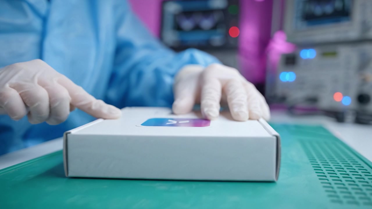Tecnico di Laboratorio Prepara un Pacchetto per l'Esame con Strumenti di Precisione in un Ambiente High-Tech Caratterizzato da Attrezzature Avanzate e uno Sfondo dai Colori Vivaci