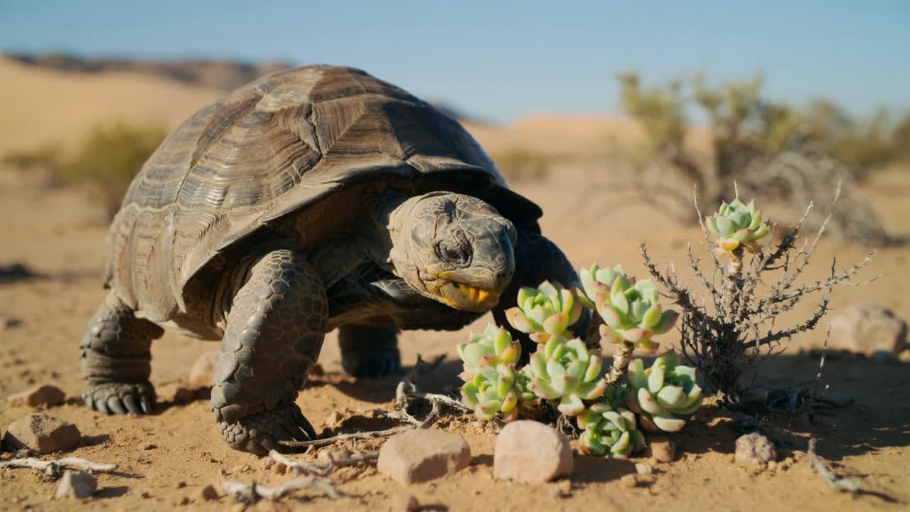 Spotting succulent, desert tortoise approaching in sand, nibbling green leaves by scrub