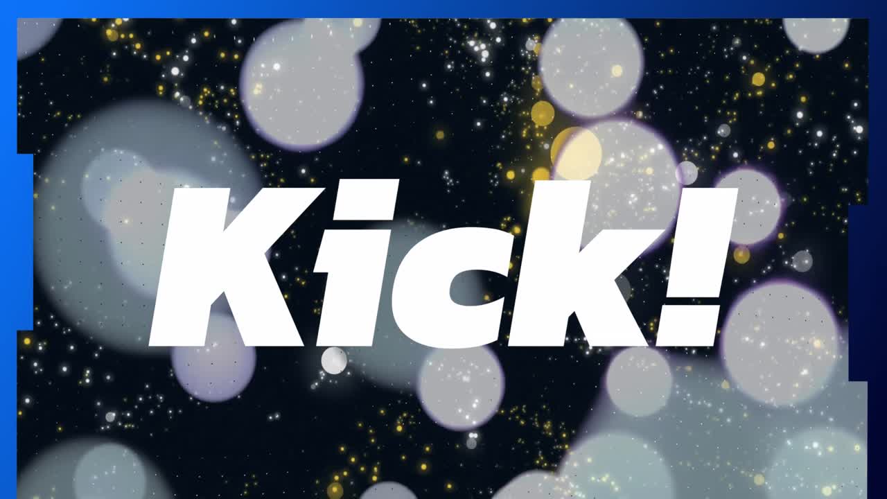 Animation of kick text with exclamation over lines and lens flares against black background