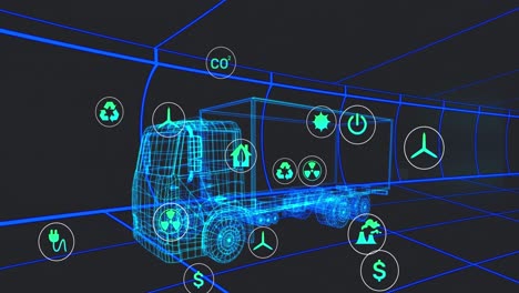 Animation-Mehrerer-Digitaler-Symbole-über-Einem-3D-Lkw-Modell,-Das-Sich-In-Einem-Nahtlosen-Muster-In-Einem-Tunnel-Bewegt