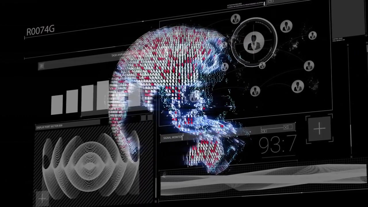 Futuristic interface starting rotating digital globe and animating charts showing signal trends