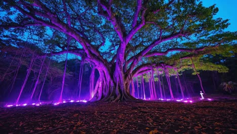 magical banyan tree illuminated with purple lights at night