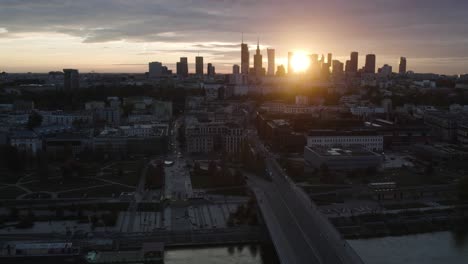 aerial cityscape of vistula river with downtown of warsaw in poland