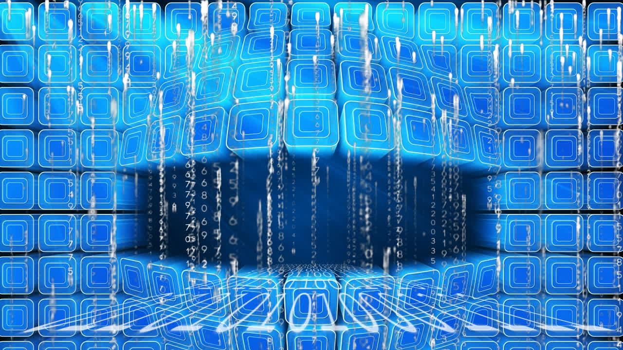 Animation of white light trails falling with binary data processing, over glowing blue cubes