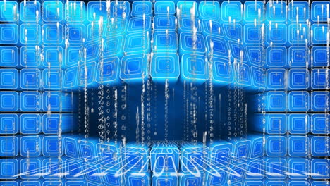 animación de rastros de luz blanca que caen con procesamiento de datos binarios, sobre cubos azules brillantes