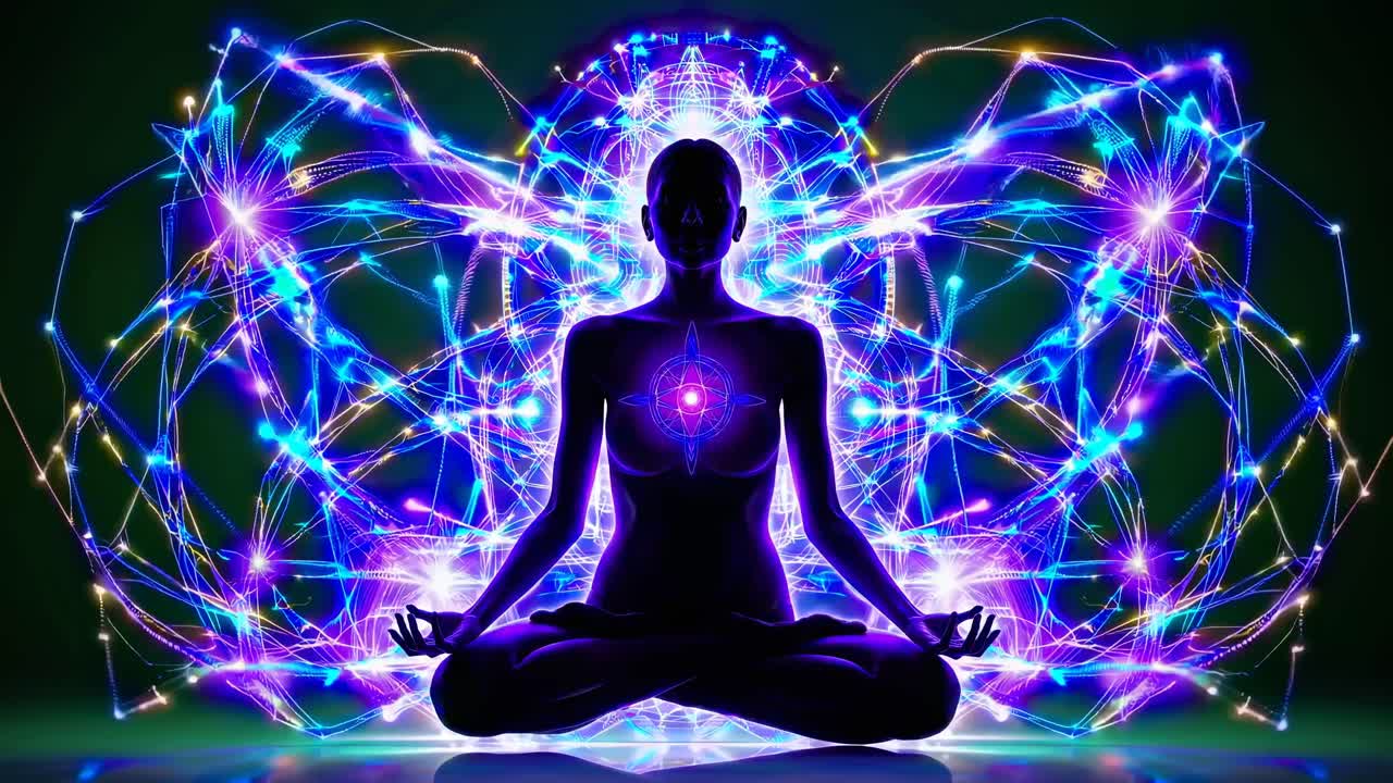 A digital art piece shows a silhouette in lotus pose, surrounded by neon patterns