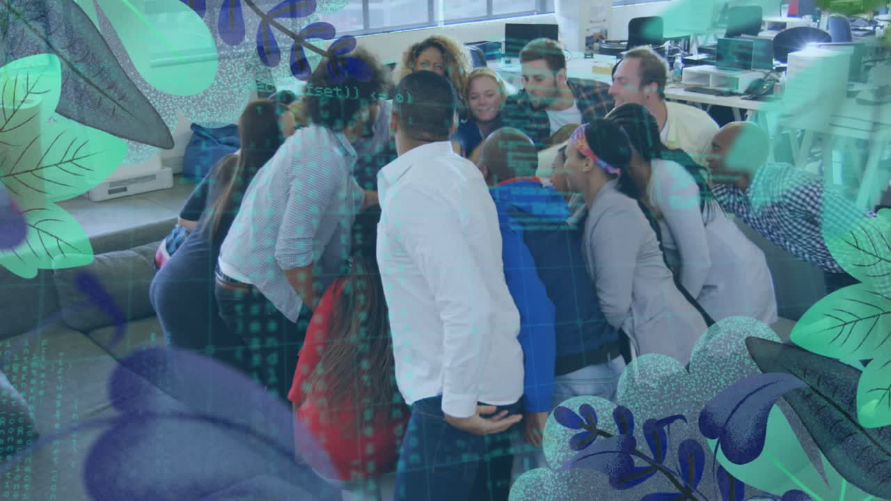 Leaves pattern and data processing against diverse office colleagues stacking hands at office