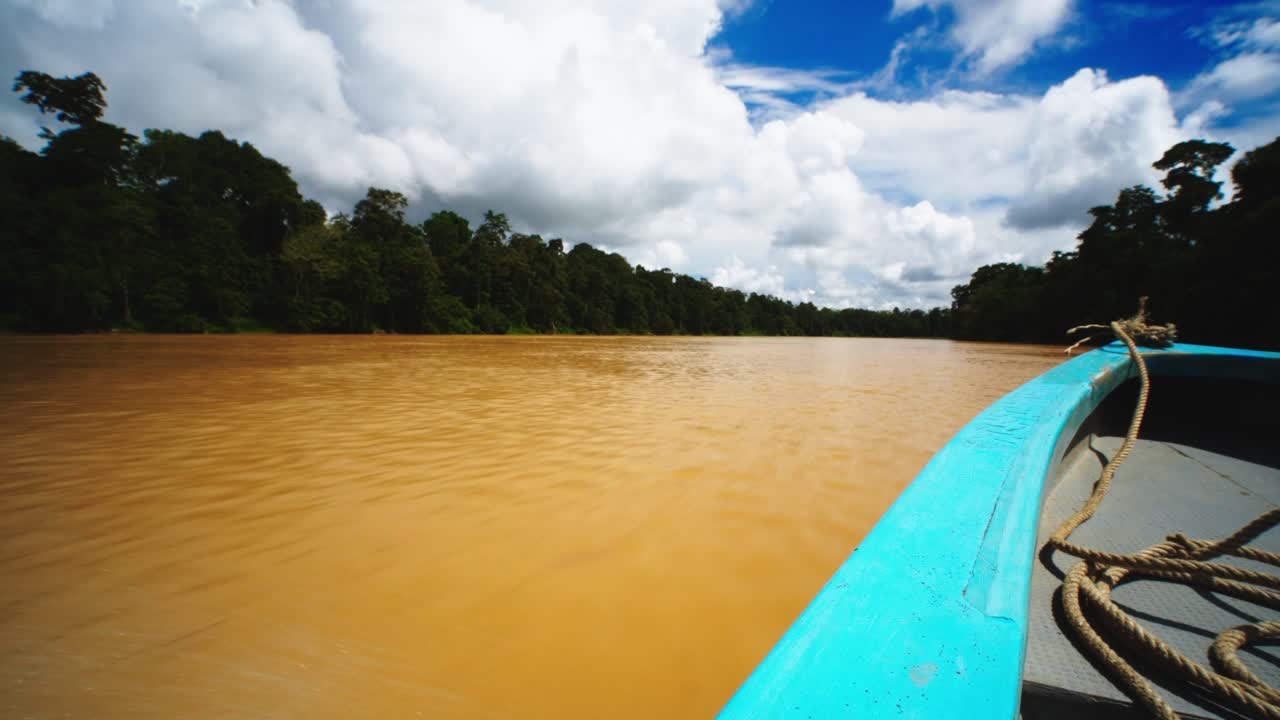 vista desde un barco a motor que navega rápido en el río kinabatangan en malasia