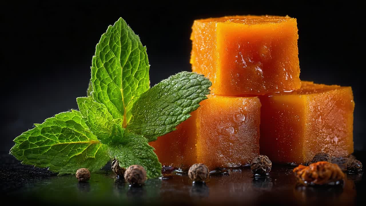 Deliciously Arranged Cubes of Orange Confection with Fresh Mint Leaves and Spices, Perfectly Displayed on a Glossy Black Surface, Inviting Senses and Flavor Exploration
