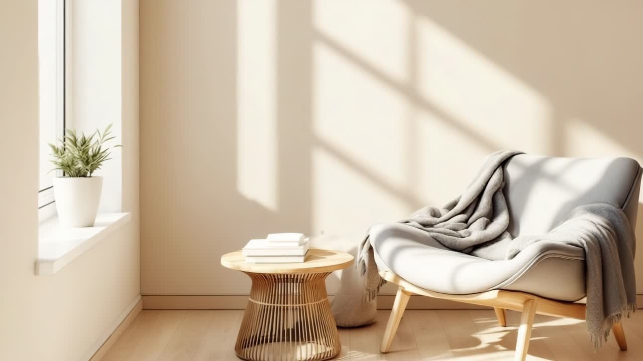 Cozy interior featuring a modern armchair draped with a soft blanket, accompanied by a round table and a potted plant, illuminated by natural light streaming through the window, enhancing tranquility