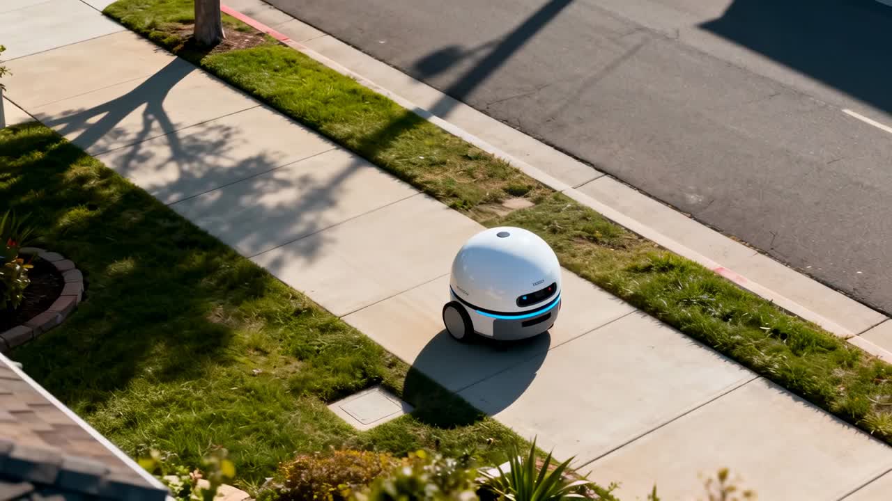 Rolling autonomous delivery robot following request along suburban sidewalk, blue LED, copy space